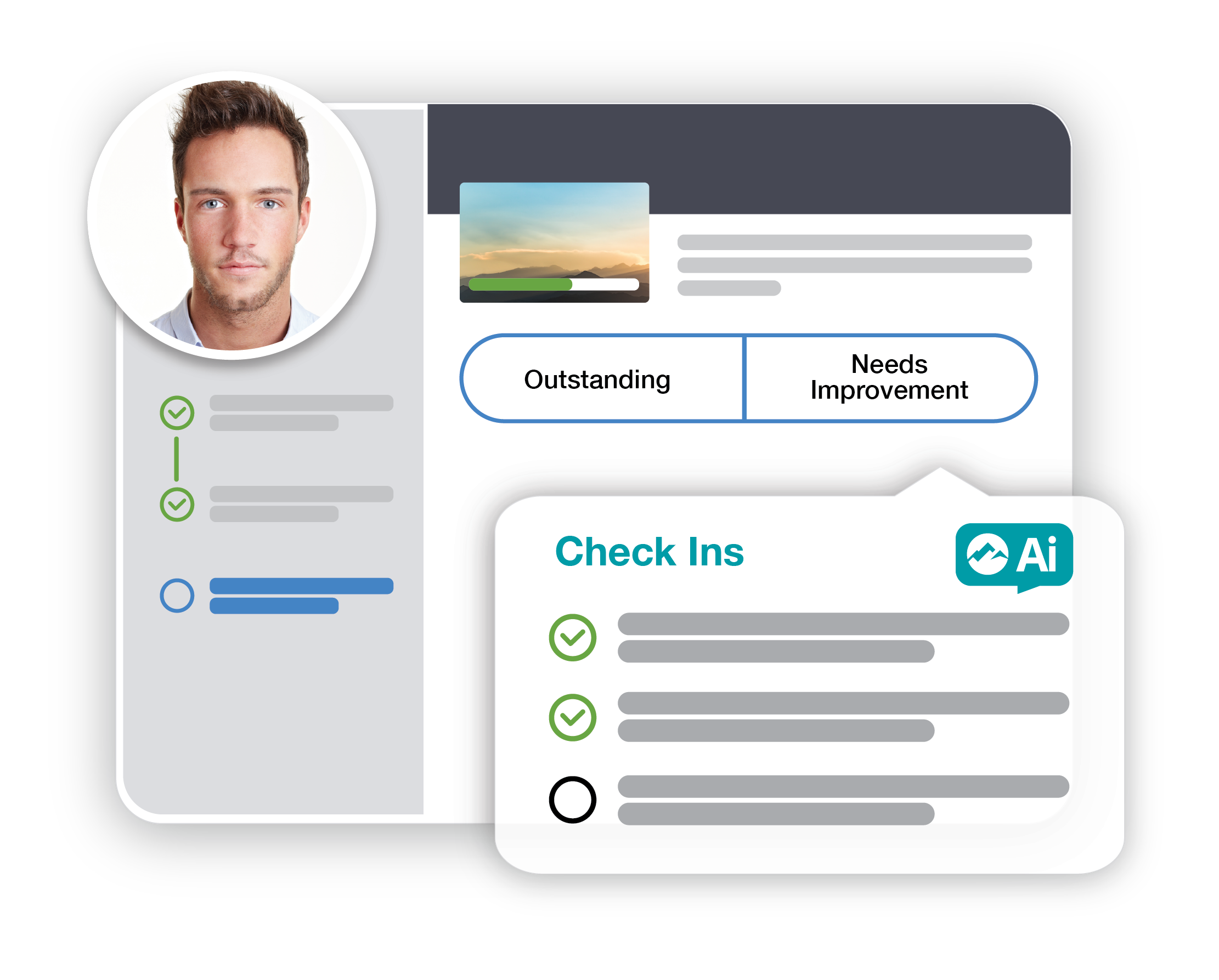 AI-powered performance tracking showing real-time progress, check-ins, and goal status in Inspire